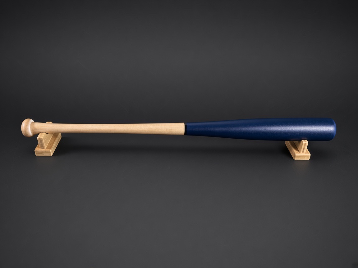 Navy two-tone maple bat on a stand